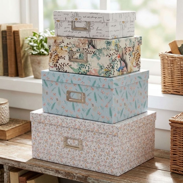 Boîtes à cadeaux et de rangement - 4 pièces tailles et motifs variés - Idéales pour offrir ou organiser - Carton solide - Avec fenêtre d‘inscription