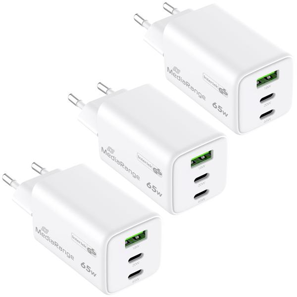 Lot 3 Adaptateurs Charge Rapide GaN - 2x USB-C PD & 1x USB-A QC 65W - Multi-ports pour iPhone/iPad/Samsung - Protection Surtension/Surcharge