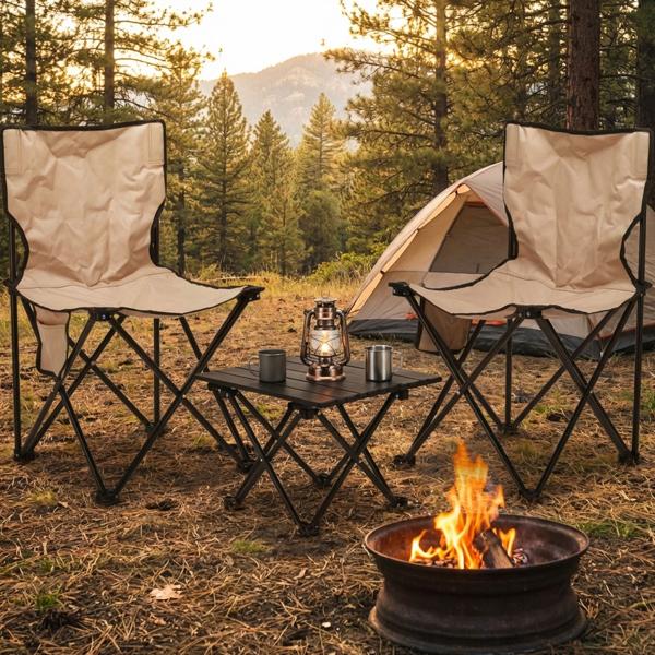 Set Camping Pliable - 2 Chaises + Table Beige-Noir avec Sac Transport - Pique-nique Plage Balcon - Mobile & Peu Encombrant - CH9351