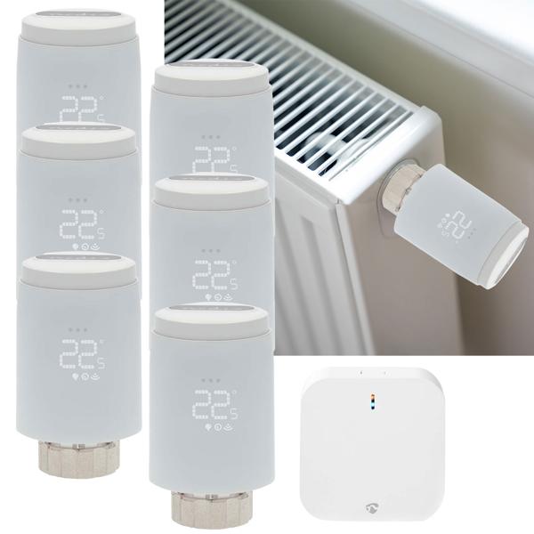 Lot de 6 Thermostats Radiateur Intelligents SmartLife - Contrôle App, Compatible Alexa/Google - Passerelle Zigbee, Anti-calcaire/Gel, Écran LED