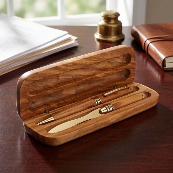 Boîte exclusive en bois d‘olivier avec stylo à bille & coupe-papier, 17x6cm - Set cadeau de haute qualité ou accessoire de bureau élégant
