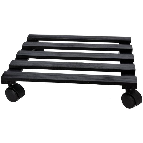 Chariot pour plantes, noir, carré, bois de sapin, chariot à roulettes, L 28,5 x l 28,5 x H 4,5 cm