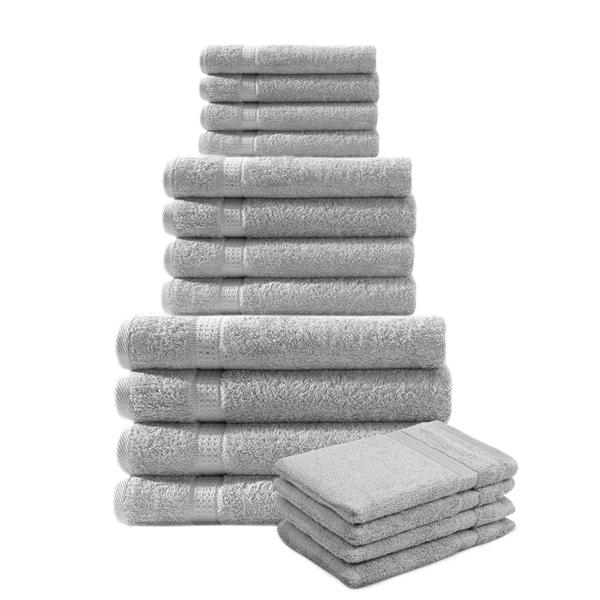 Ensemble de serviettes en éponge 16 pièces – Doux, très absorbant & résistant – 100% coton, 500 g/m², argent – 4x serviettes invité, de toilette, draps de bain & gants